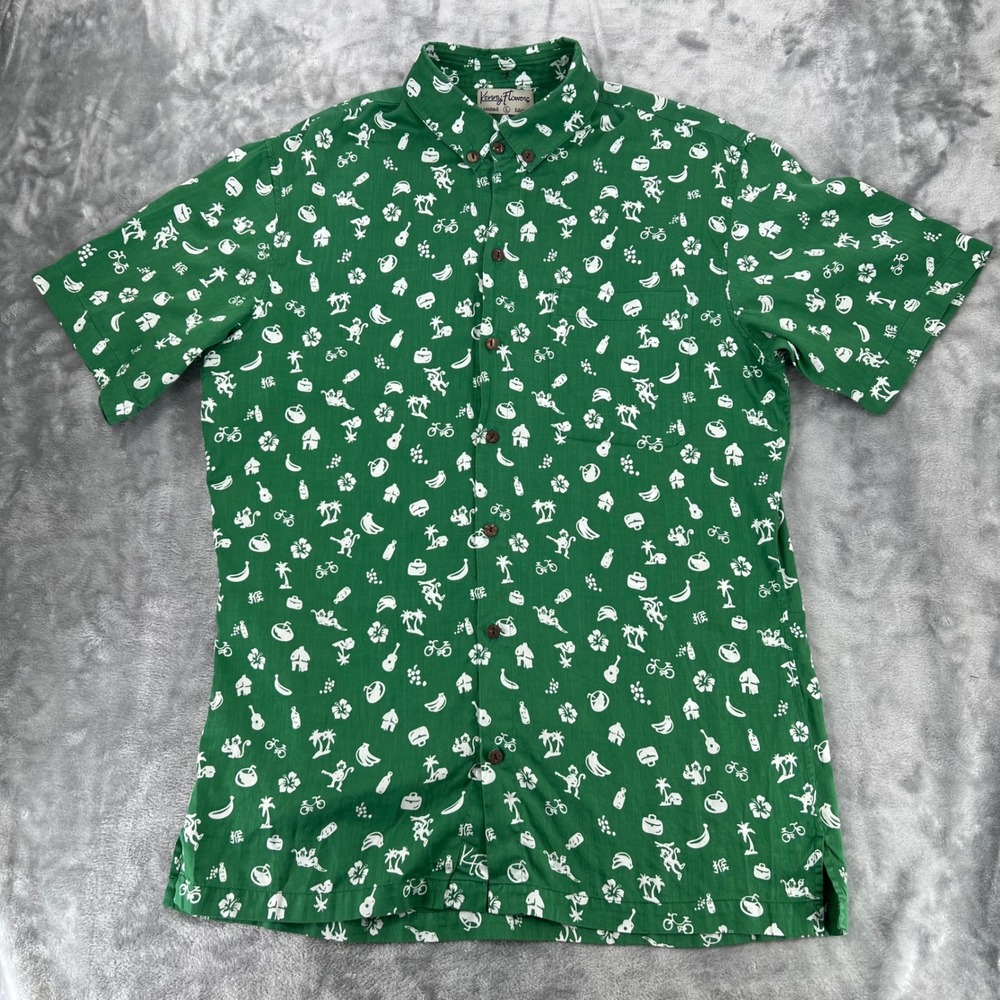 Kenny Flowers Green Tropical Print Button Down Shirt Men Medium Cotton Bali